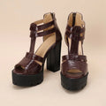 Casual platform high heel sandals with back zipper in black, wine red, or yellow colours.