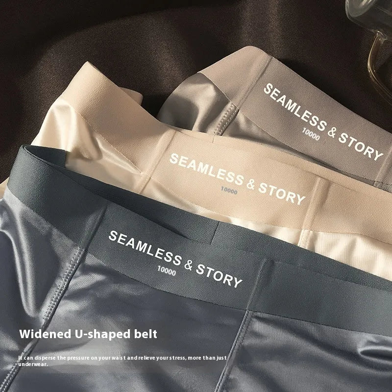 Men's solid colour ice silk boxer shorts on a mid-waist, showing satin knit fabric.