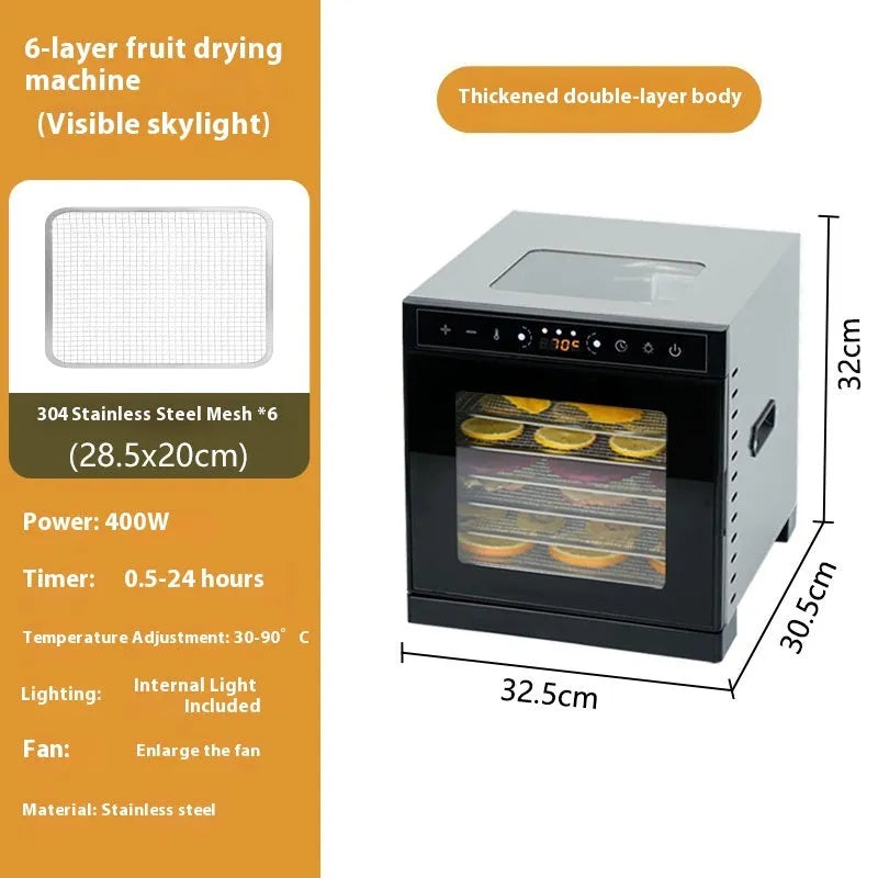 Stainless steel fruit dehydrator with multiple drying trays and LED control panel