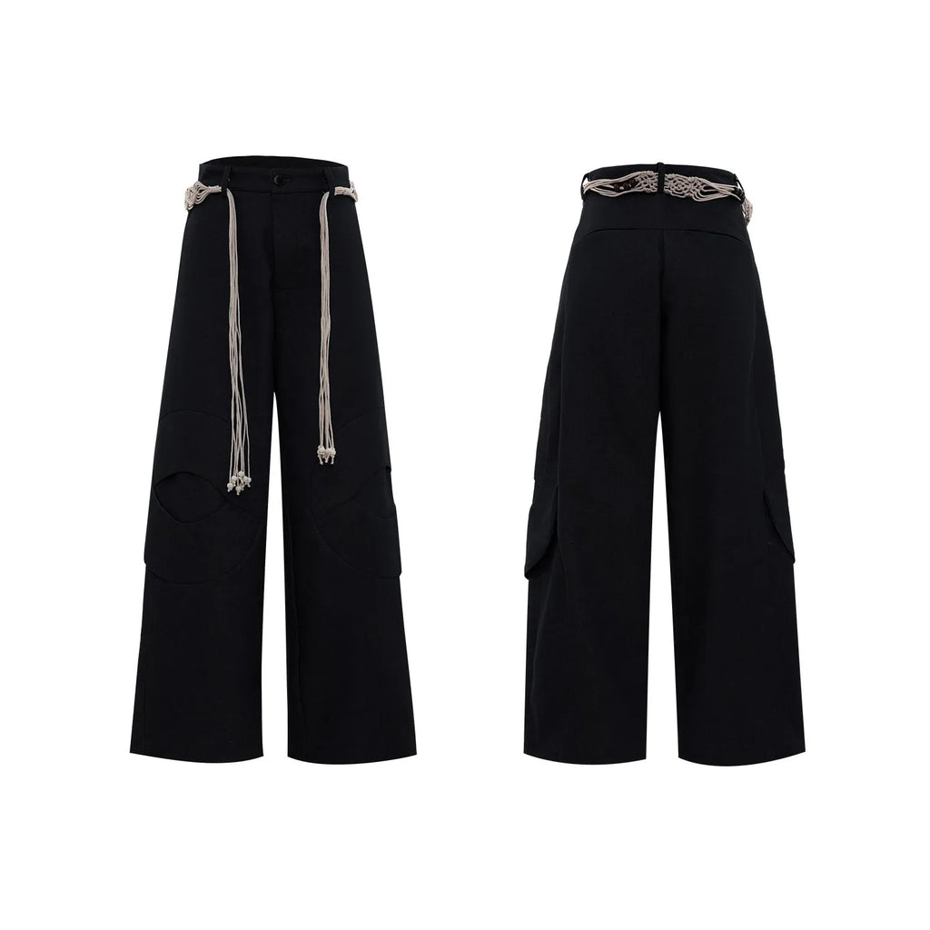 Men's dark blue loose fit straight-leg jeans with decorative belt stitching and zipper details.