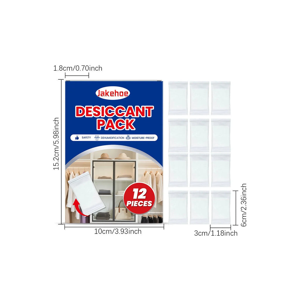 Pack of 12 white calcium chloride desiccant sachets for household moisture and odour control.