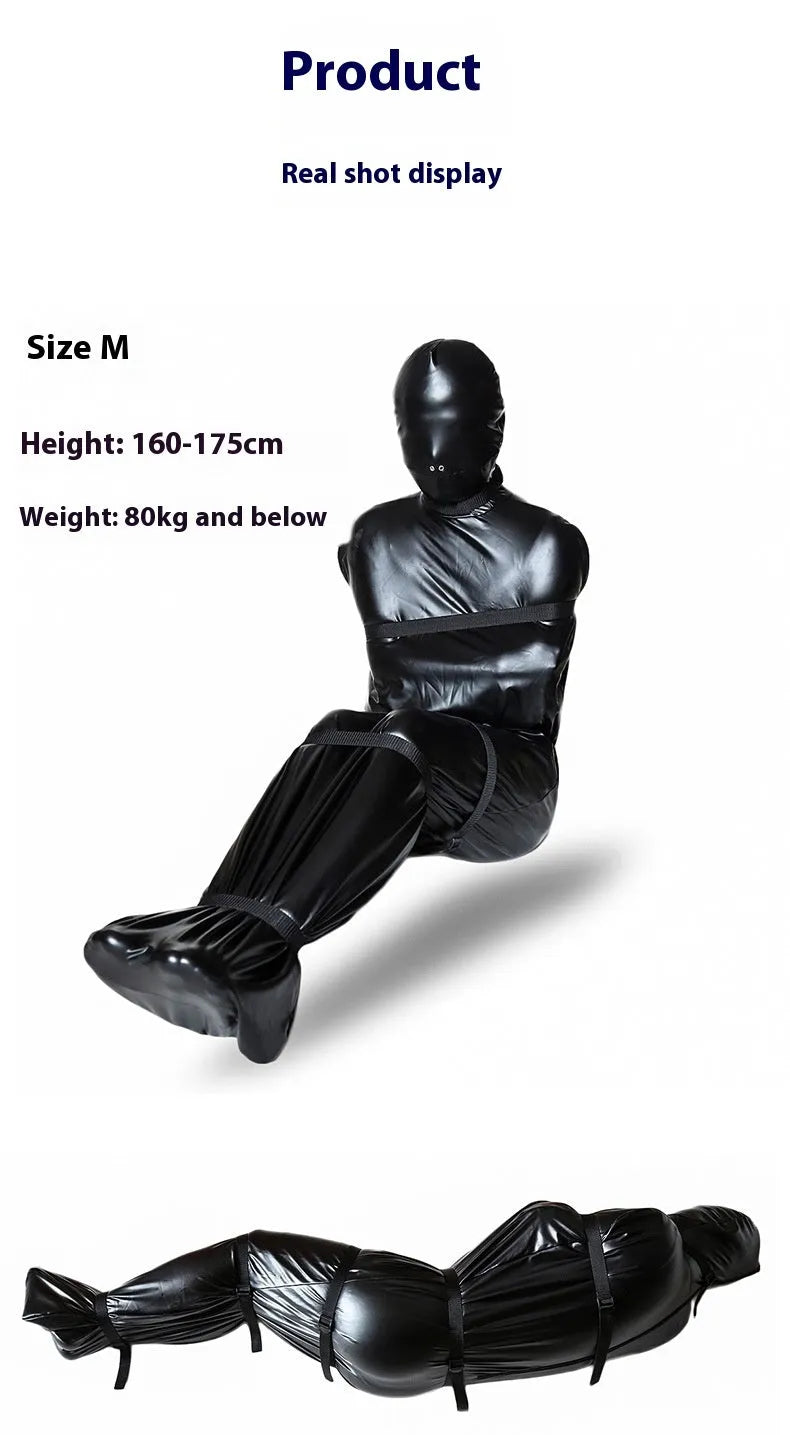 Black patent leather bondage set with full coverage garment and six ratchet tie-down straps