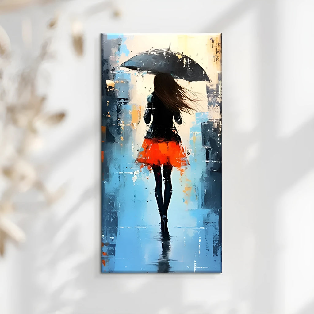 Hand-painted modern abstract people oil painting on canvas showing a walk in the rain, vertical single panel without frame