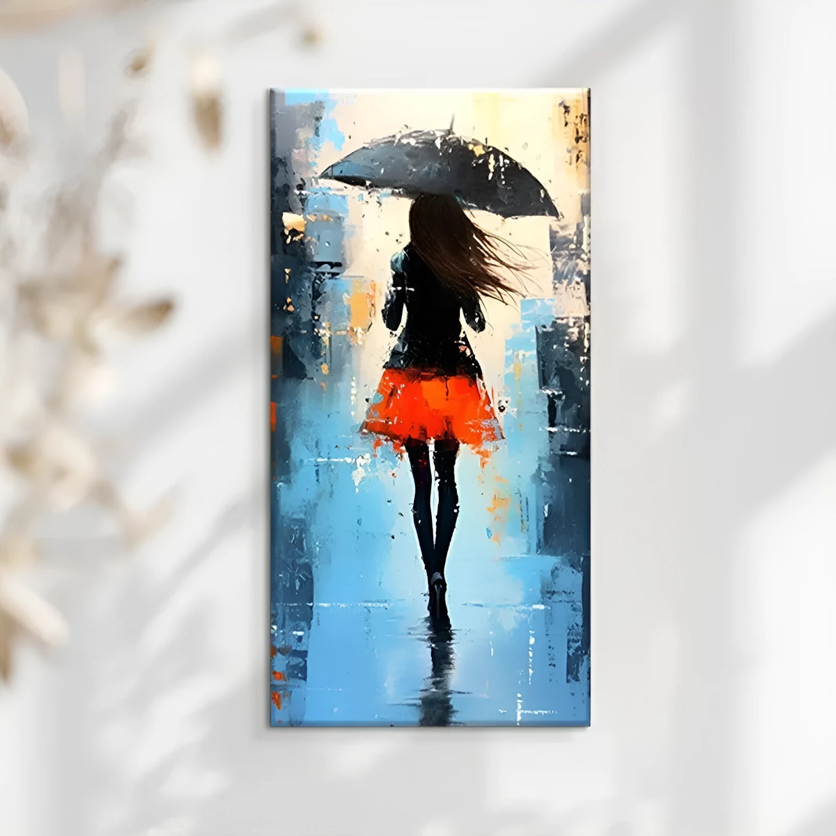 Hand-painted modern abstract people oil painting on canvas showing a walk in the rain, vertical single panel without frame
