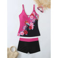 Plus size women's split swimsuit in black or rose red with printed design and cotton lining