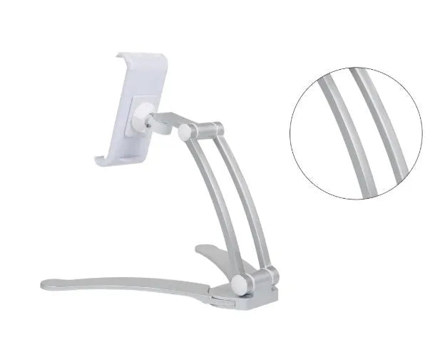 Silver and white aluminum alloy desktop stand holding a tablet at an adjustable angle.