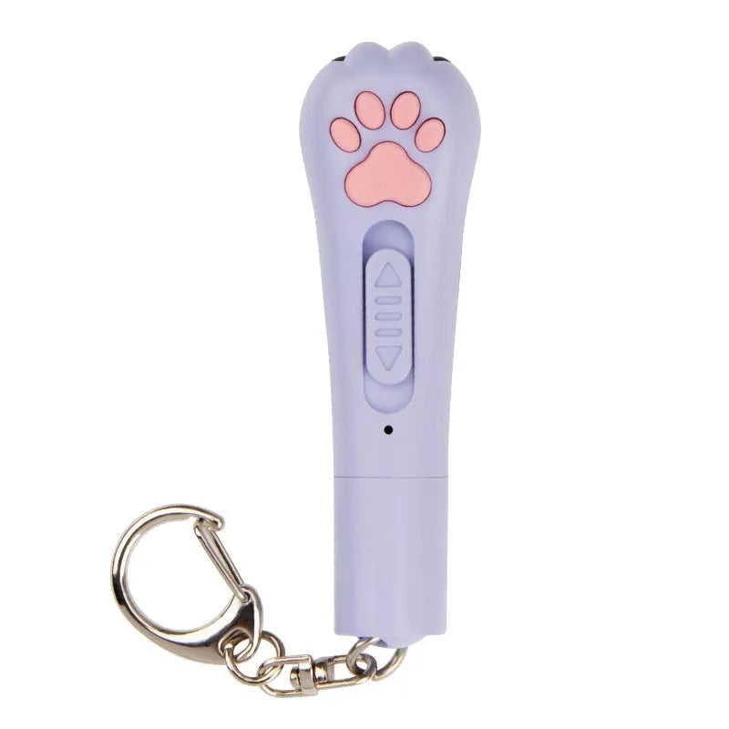 Mini cat laser toy with footprints design showing infrared charging port and teasing stick attachment