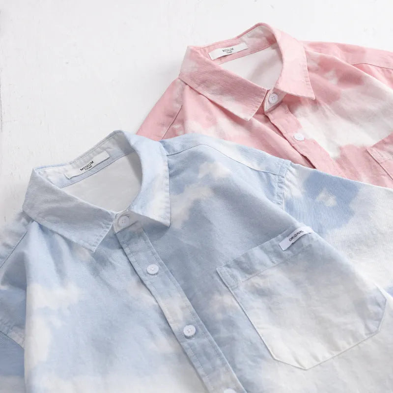 Men's light pink pure cotton summer shirt with short sleeves and loose cardigan style