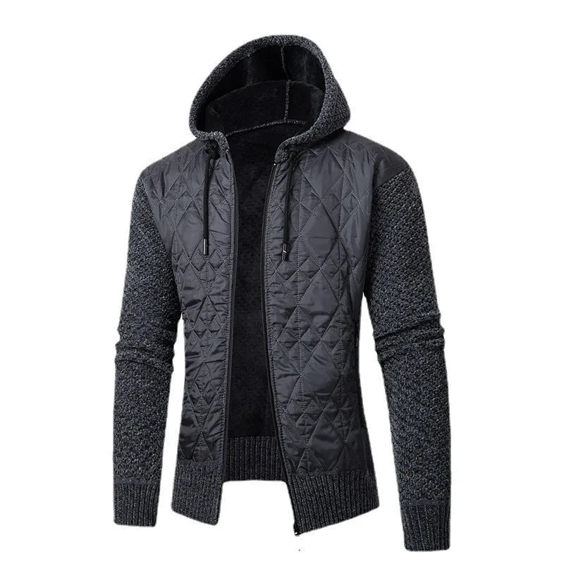 Men's grey hooded sweater coat with corduroy texture and cinched waist design