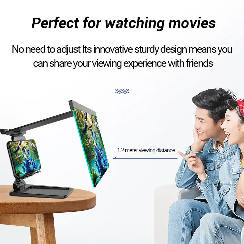 Black 12-inch curved mobile phone screen amplifier with separate folding phone holder on desktop