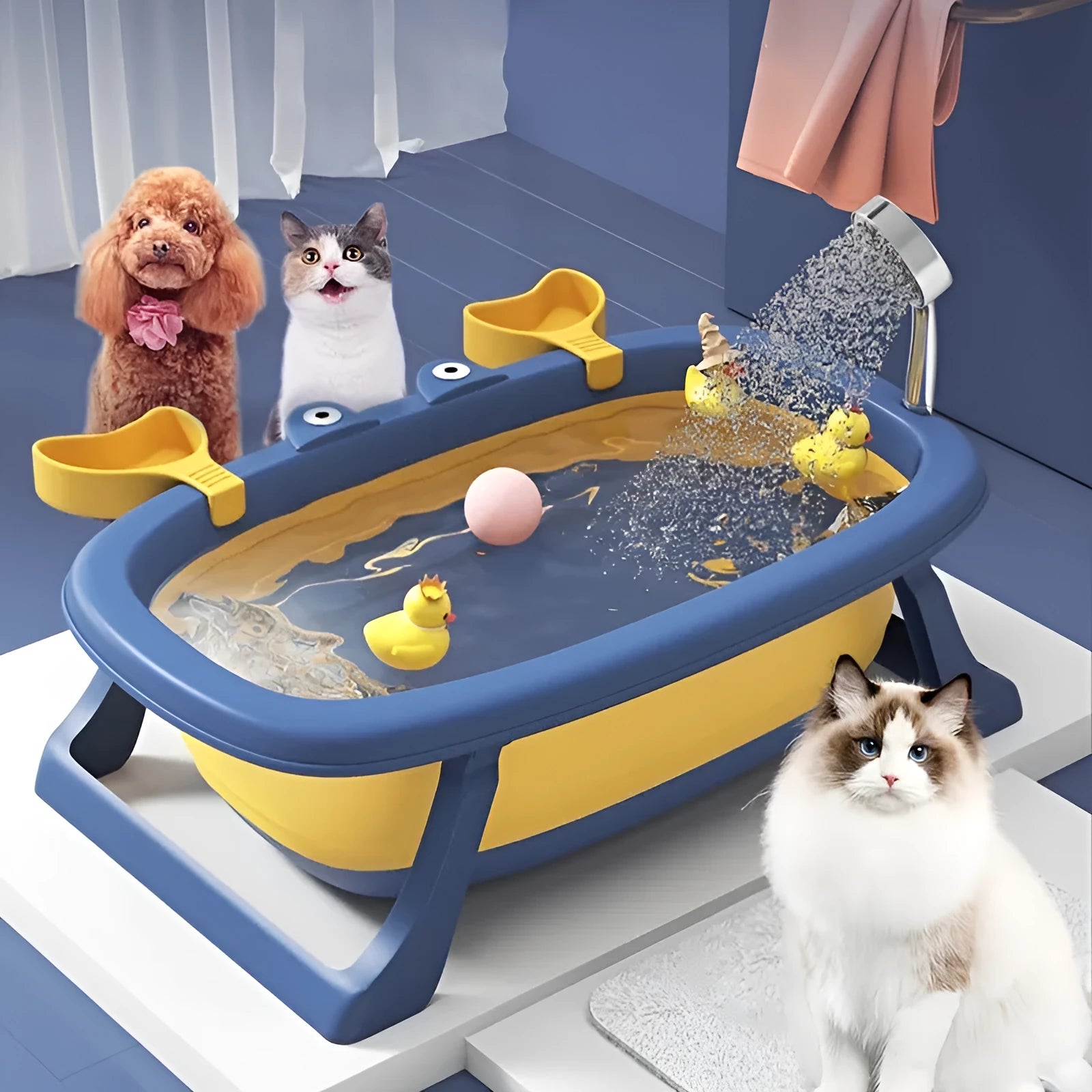 Foldable portable pet bathing tub for small cats and dogs in blue and orange colours.