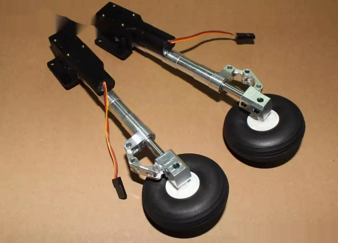 Alloy retractable shock-absorbing landing gear for toy aircraft with wheels, showing altitude size options.