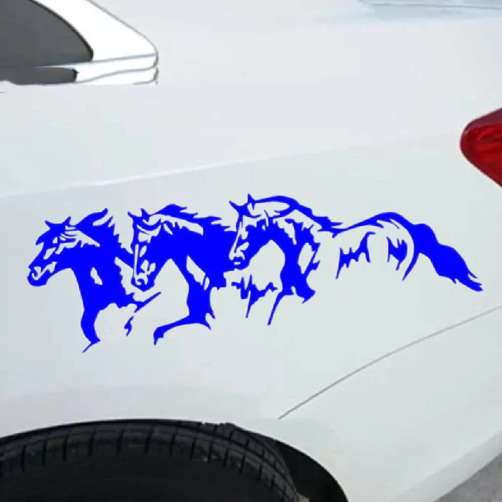 Three horses design vinyl car decal sticker, 25cm long, in black, white, red, or blue.
