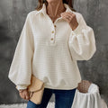 Women's textured polo collar sweater in milky white beige thickened polyester knit