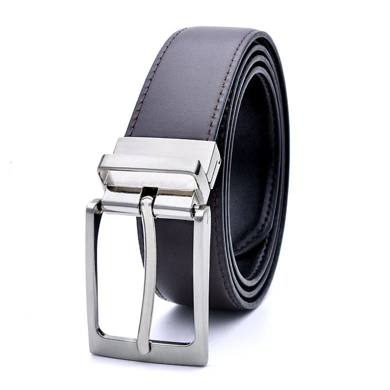 Men's dark brown and black leather casual belt with a silver rotating pin buckle, laid flat.