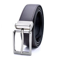 Men's dark brown and black leather casual belt with a silver rotating pin buckle, laid flat.