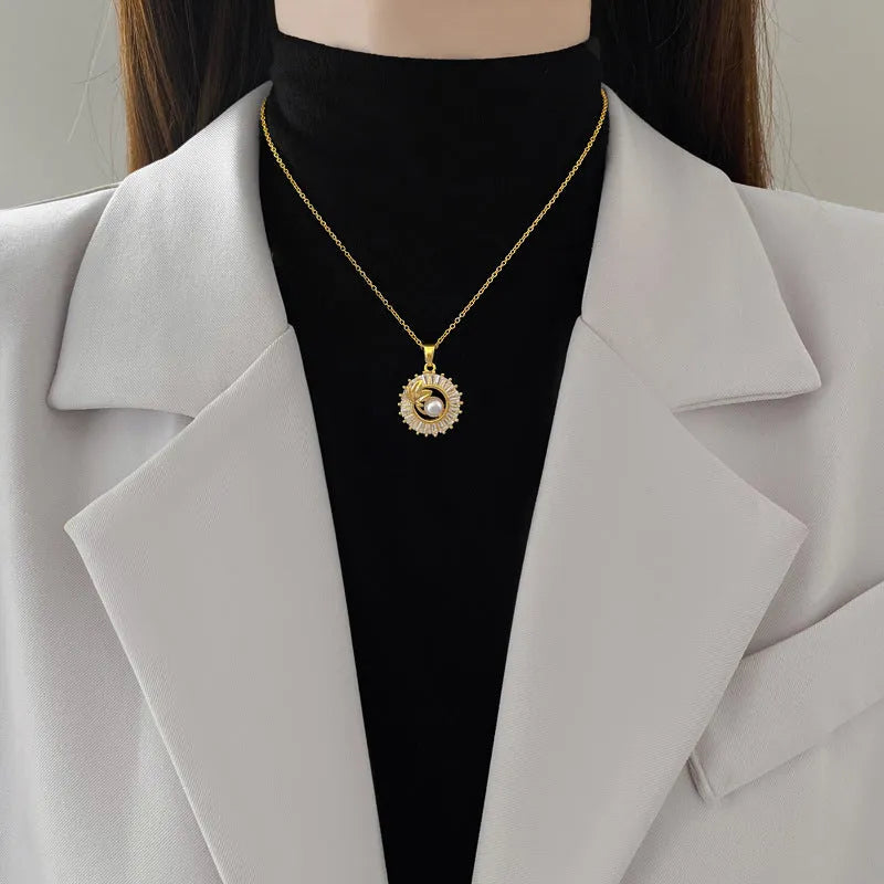 Titanium steel jewellery set with square ring, round ring, leaves necklace and stud earrings