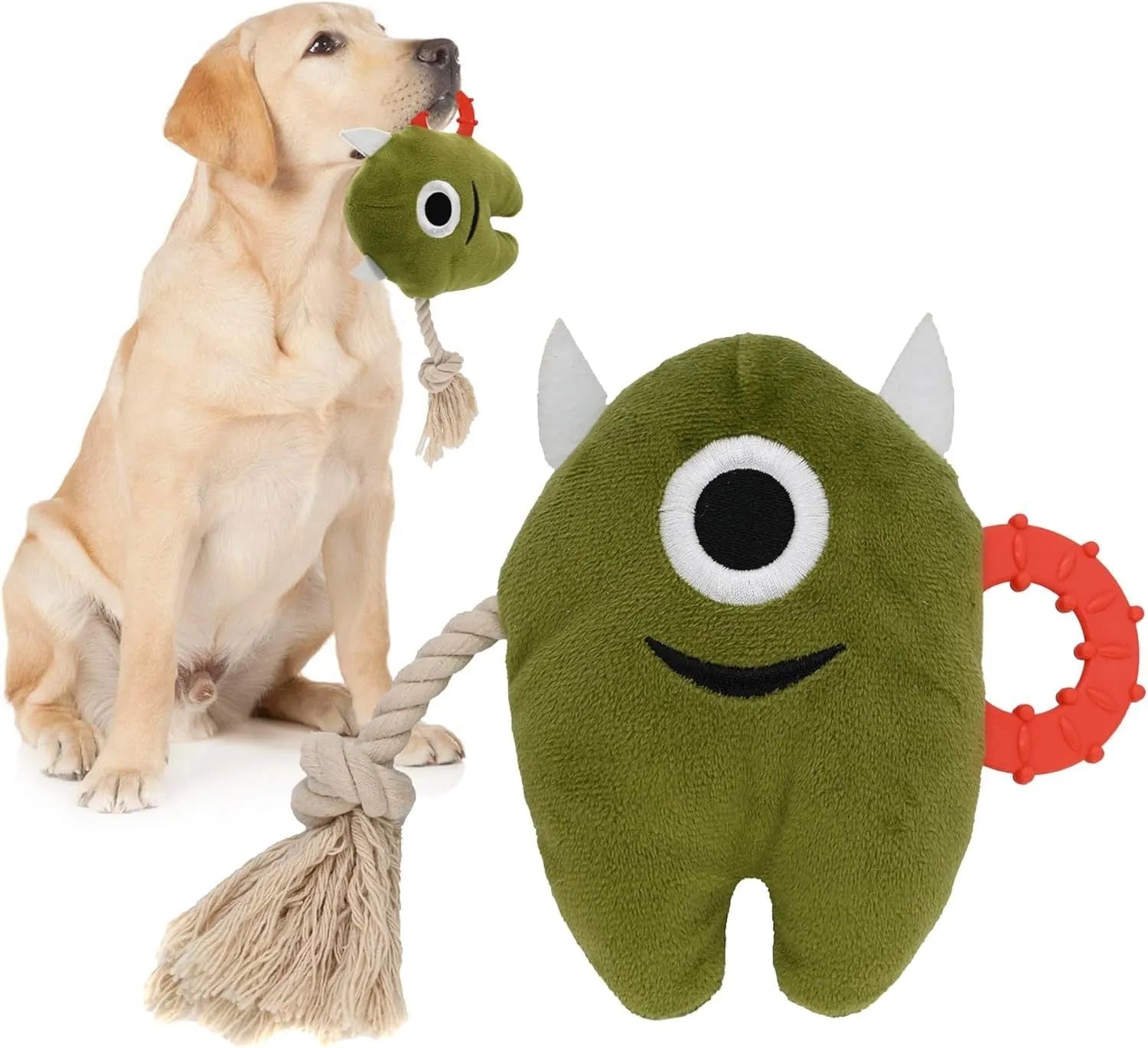 Blue and green plush monster dog toy with integrated cotton rope tug handle