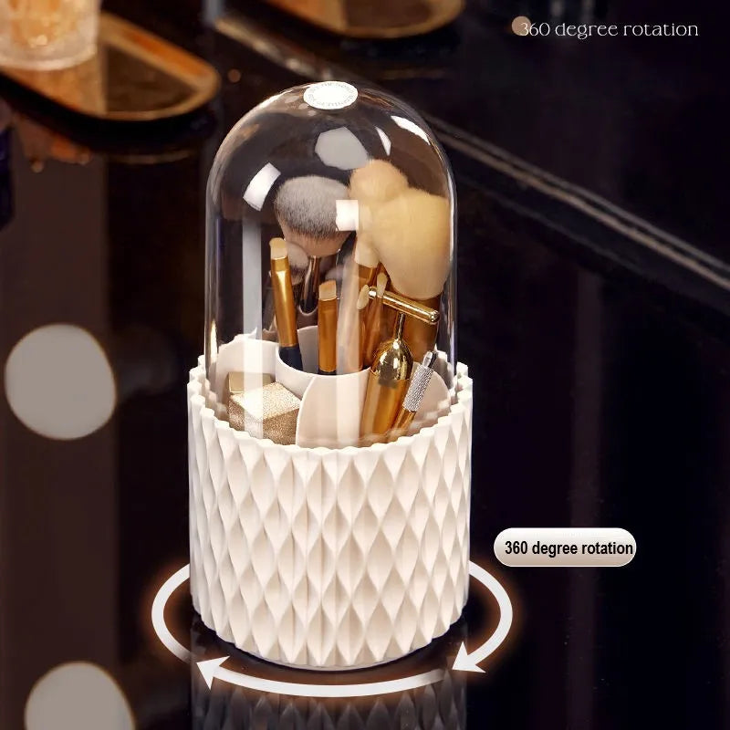White rotating acrylic makeup brush storage box with transparent cover and split compartments