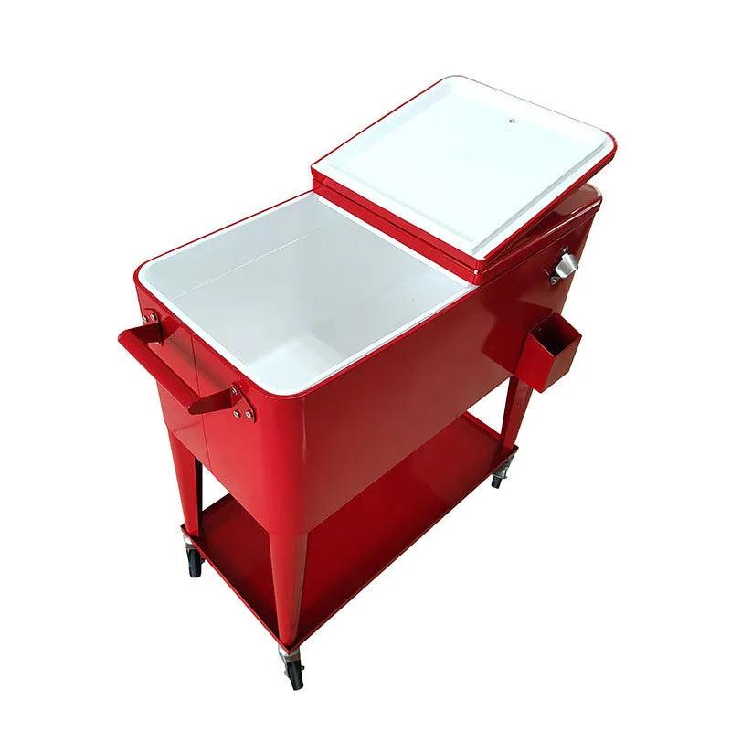 Red outdoor metal trolley with an integrated insulated cooler box, showing wheels and a 750 capacity.