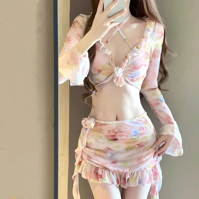 Women's cherry blossom pink floral bikini swimwear set for beach and hot spring use