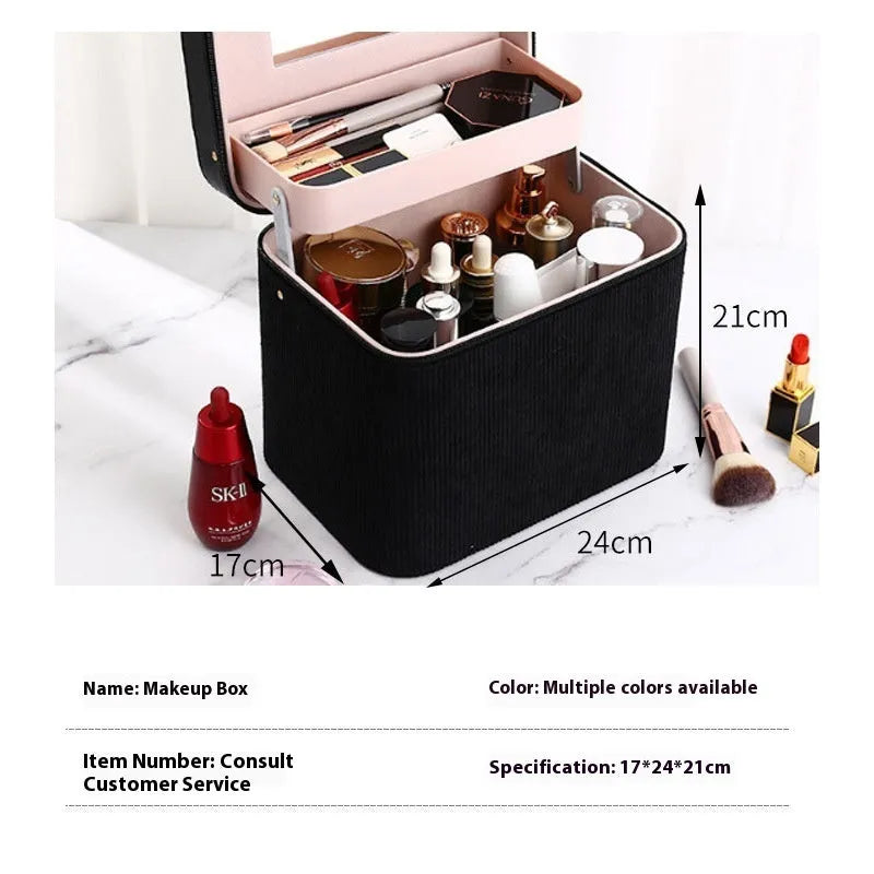 Corduroy cosmetic storage box with solid colour pattern and polyester cotton lining