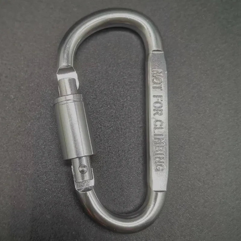 Aluminium D-shaped locking climbing carabiner with a flat 8cm design shown in silver.