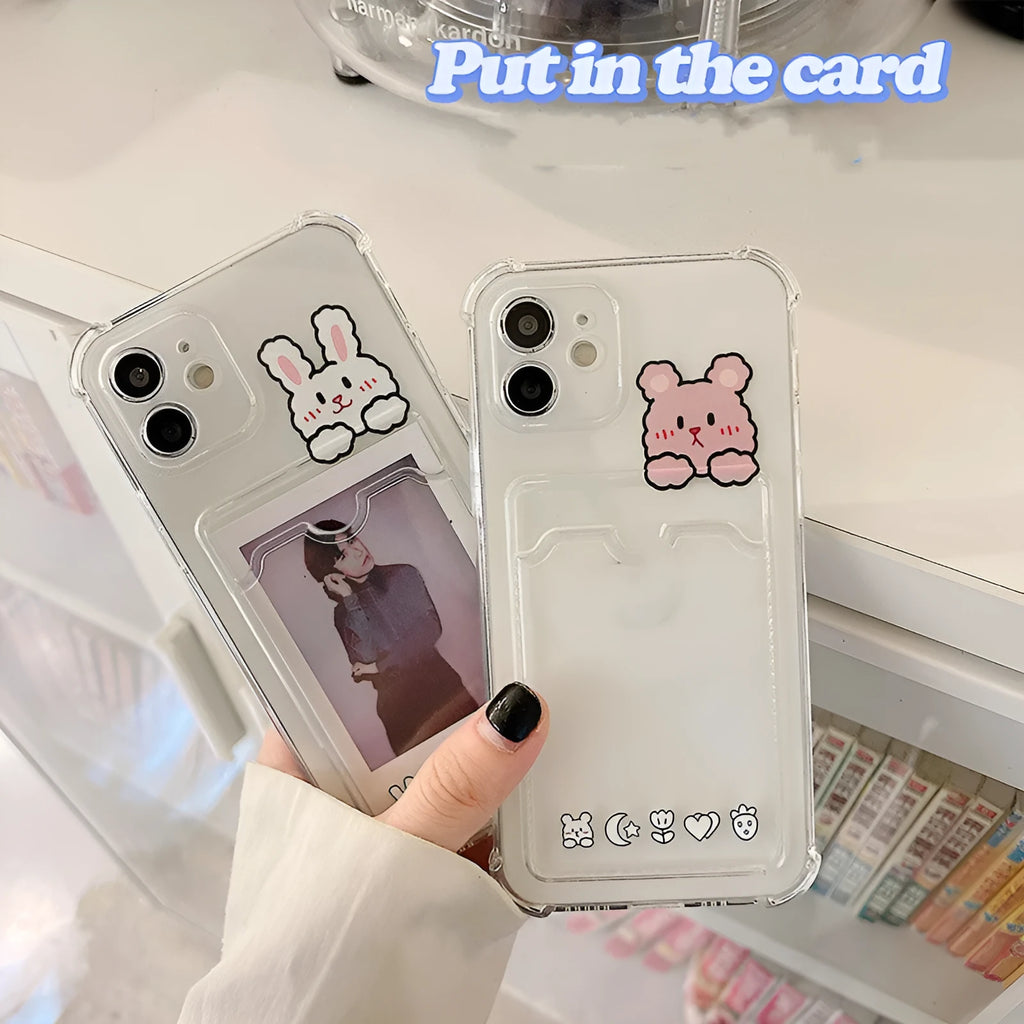 Transparent cartoon printed phone case with card slots for Apple iPhone.