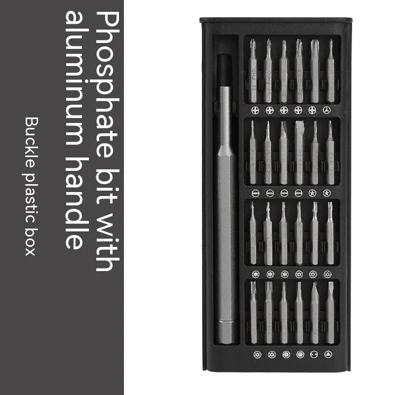 24 in 1 magnetic precision screwdriver set with aluminium handle, 125mm shaft, and 24 bits stored inside.