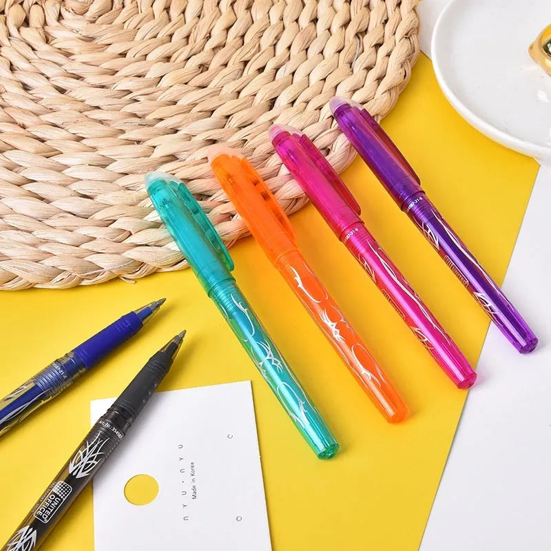 A set of heat-erasable gel pens with plastic barrels and stainless steel nibs, shown in multiple colours.