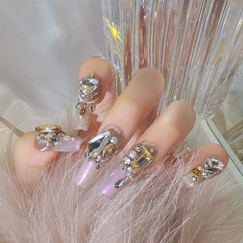 False nail patches with rhinestone designs and flash finish in card packaging