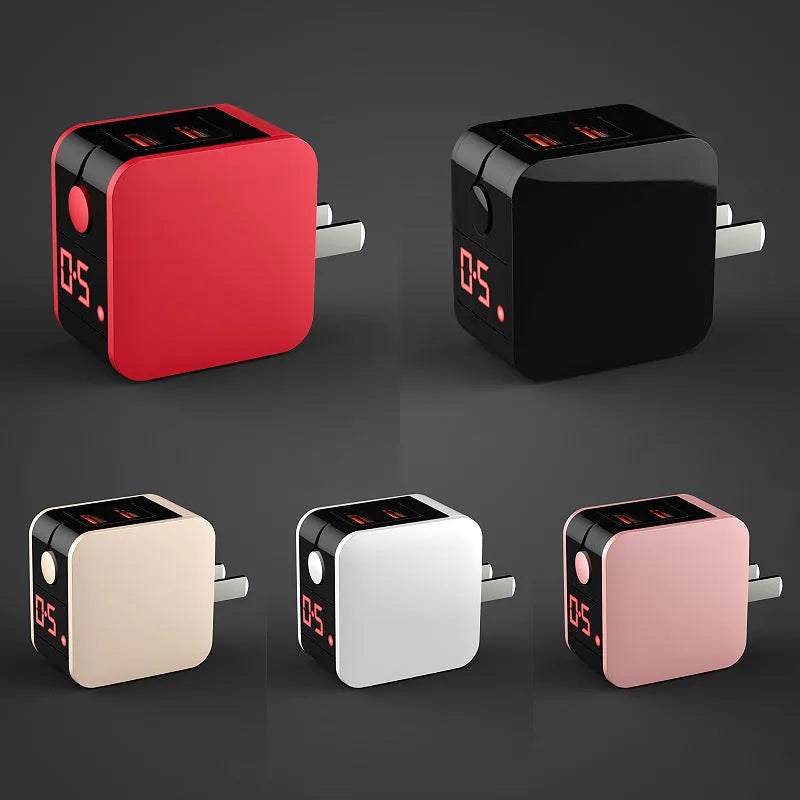 Black 5V 2.4A dual USB fast travel charger with digital voltage display showing 5.0V
