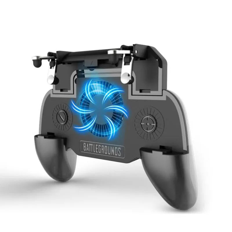 A mobile game controller with USB connector and aluminium alloy detailing, shown next to a smart phone.