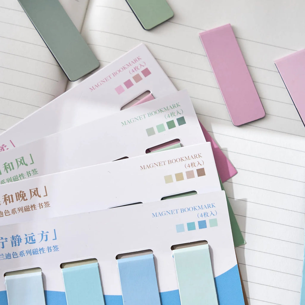 Four Morandi colour block magnetic bookmarks showing different palette combinations