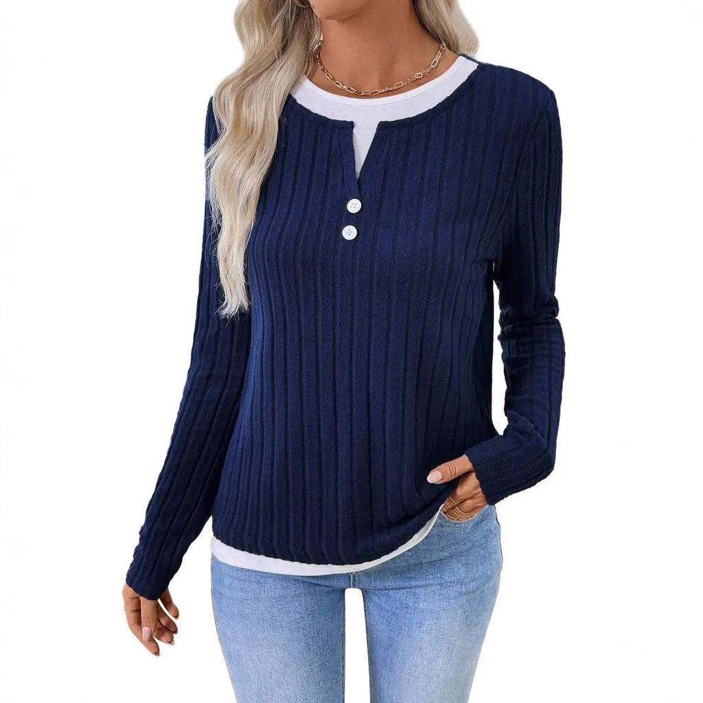 Women's fake two-piece pullover sweater with concave stripe polyester fabric and grinding texture pattern