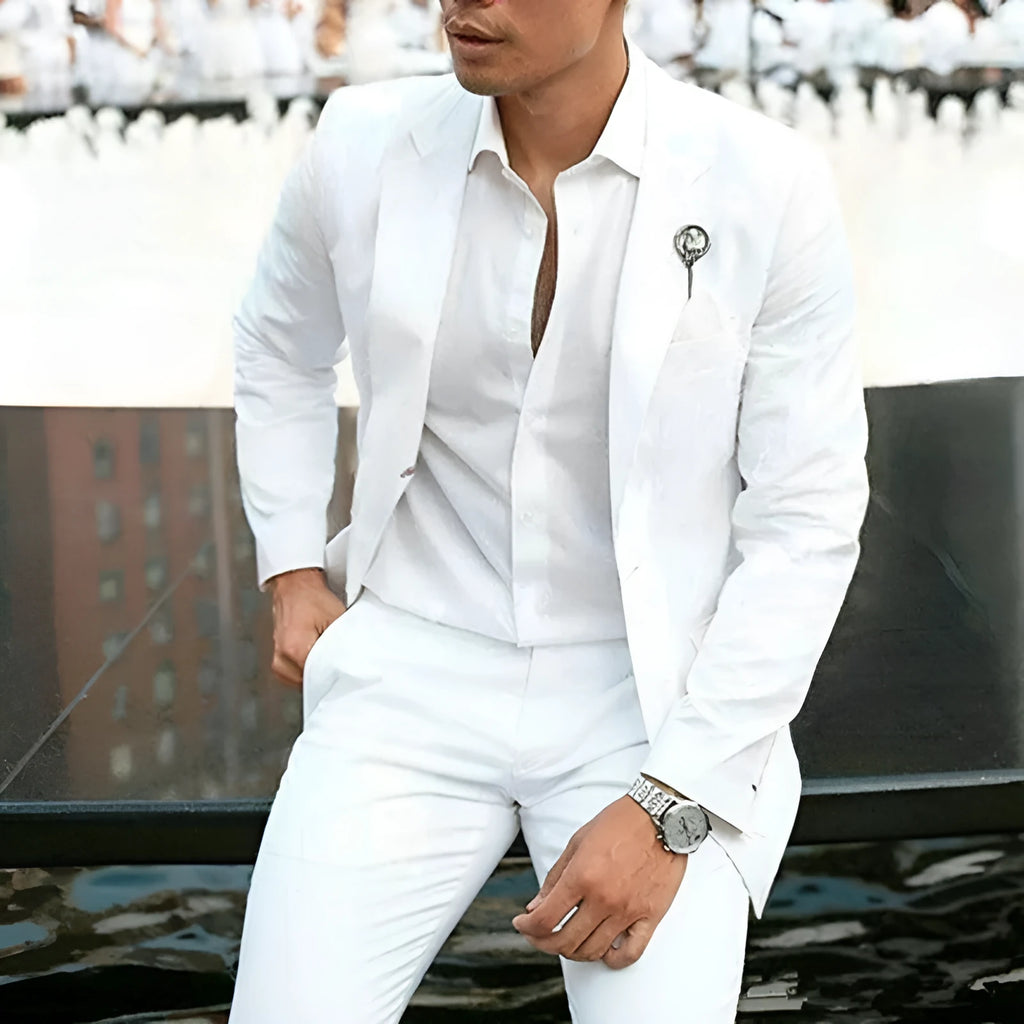 White slim-fit men's two-piece wedding suit with jacket and trousers