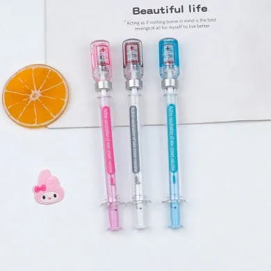 Creative vaccine-style gel pen with black cap, showing 15.7cm length and 0.5mm tip.