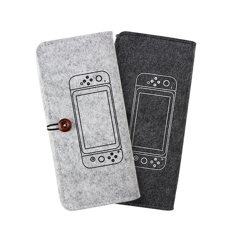 Black felt pouch for Nintendo Switch console with a carrying handle and game card slots