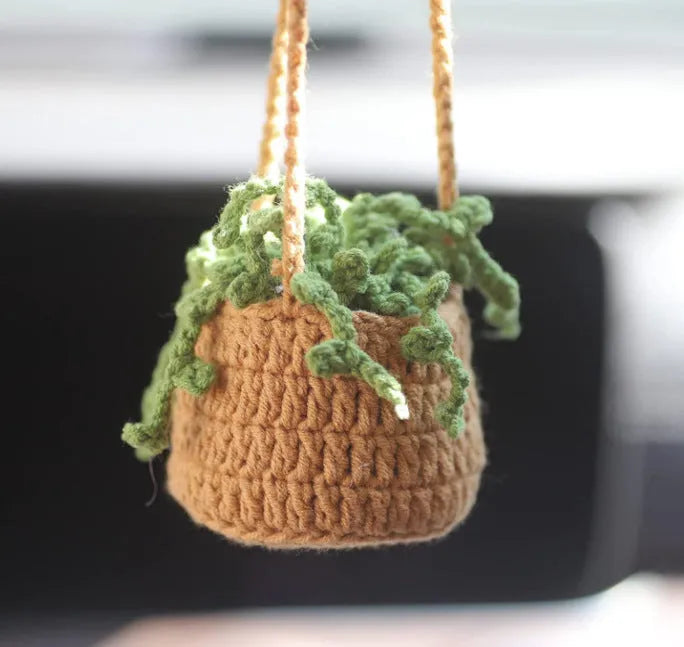 Green and white knitted wool car plant decoration hanging from 25cm white rope