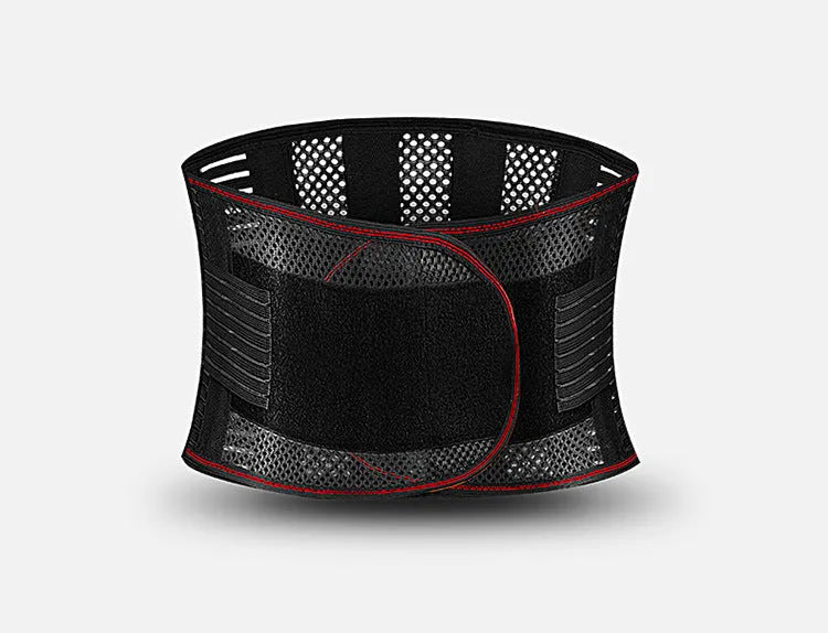 Black breathable sports waist support with steel plate for lumbar decompression.