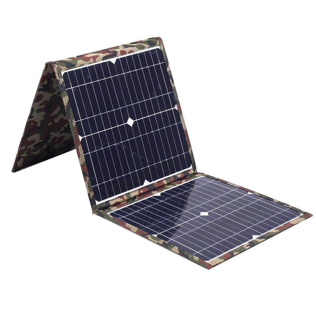 Black foldable 36W solar panel open showing three monocrystalline silicon cells with charging accessories