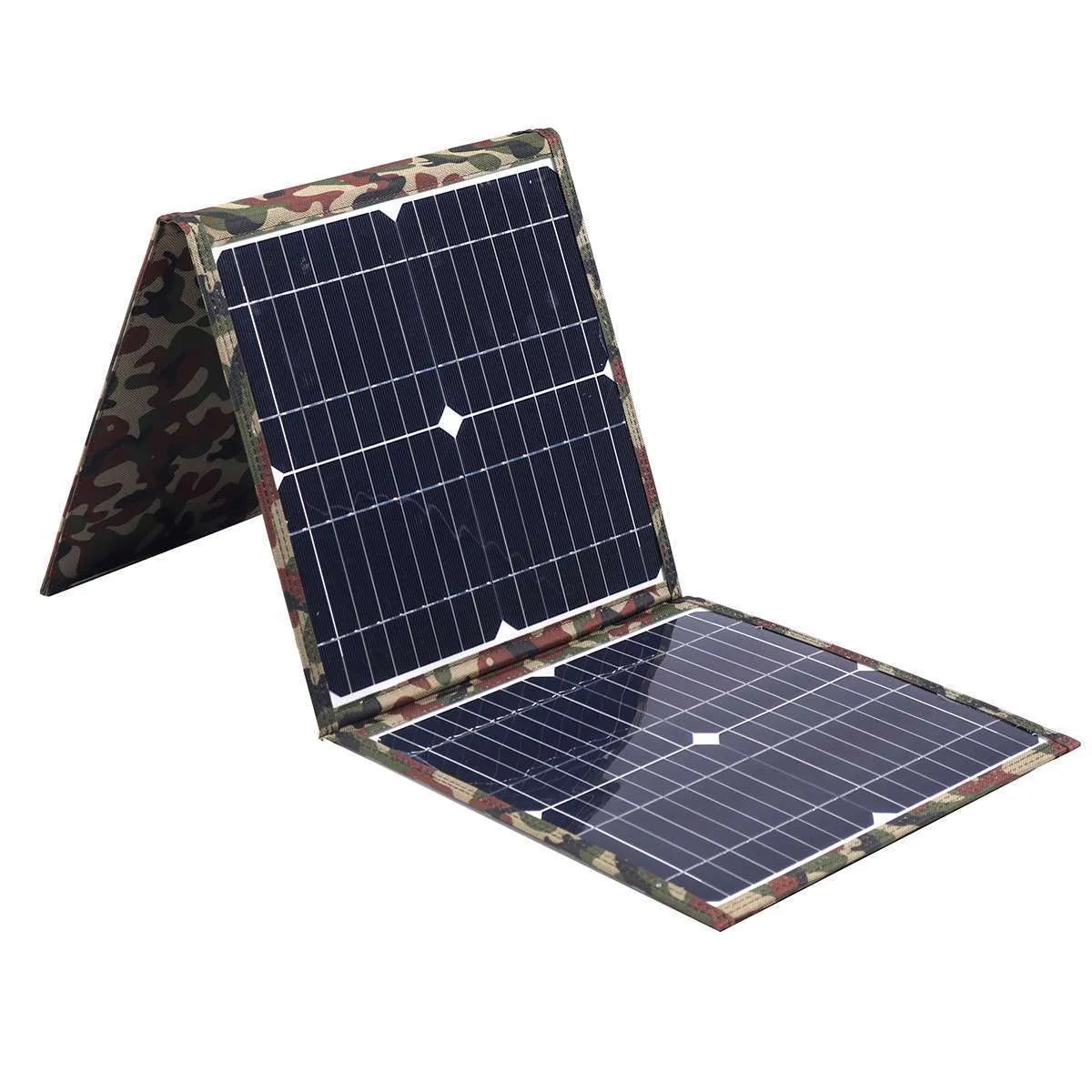 Black foldable 36W solar panel open showing three monocrystalline silicon cells with charging accessories