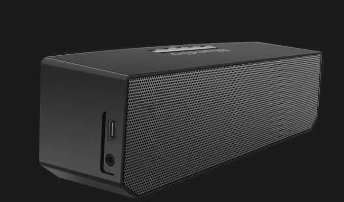 Black Bs-6 compact Bluetooth smart speaker showing front and side.