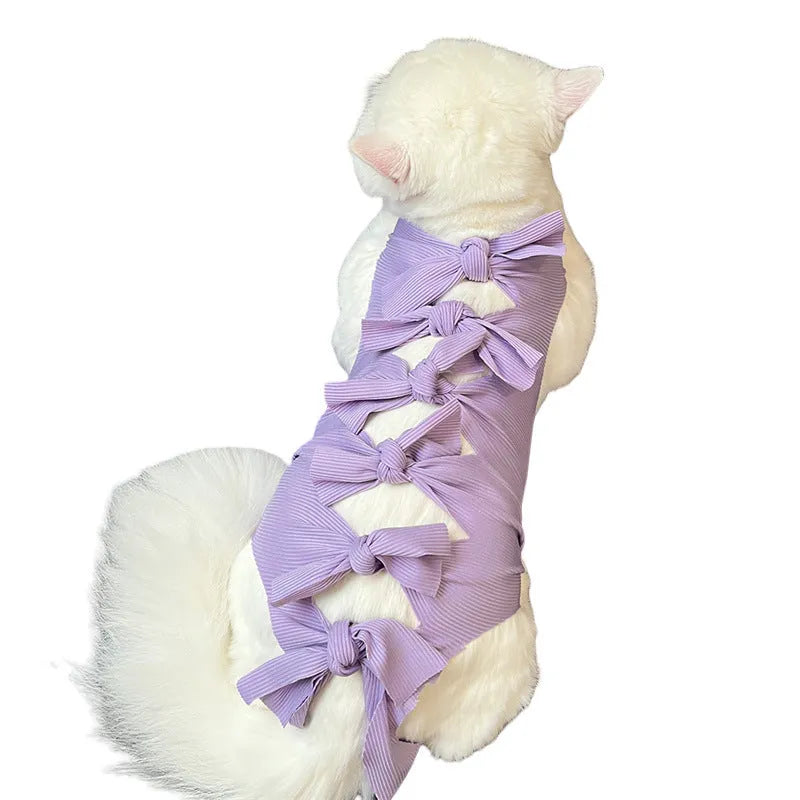 Lace-up cat sterilisation recovery garment in blue, showing adjustable ties and full torso coverage.