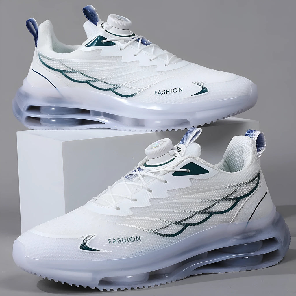White youth sports casual shoes with rotating button and lace-up closure, mesh upper, and rubber sole.