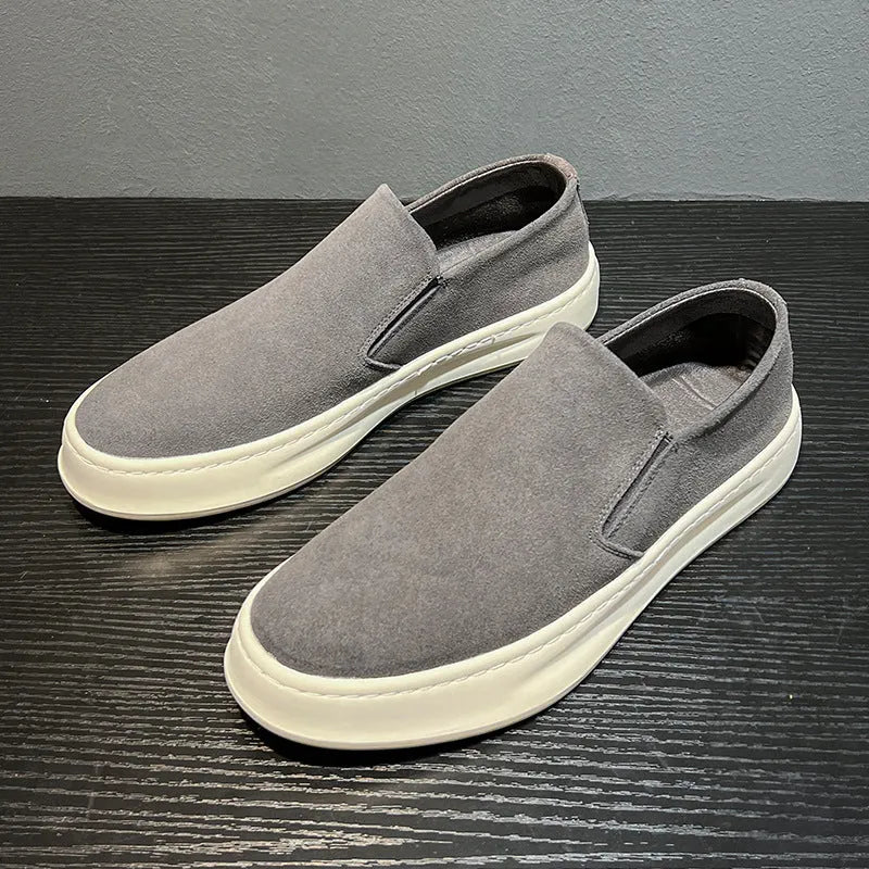 Men's grey and apricot casual shoes with round toe design and rubber sole
