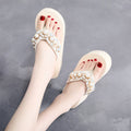 Women's high-heeled flip-flops in beige and black with cotton cloth uppers