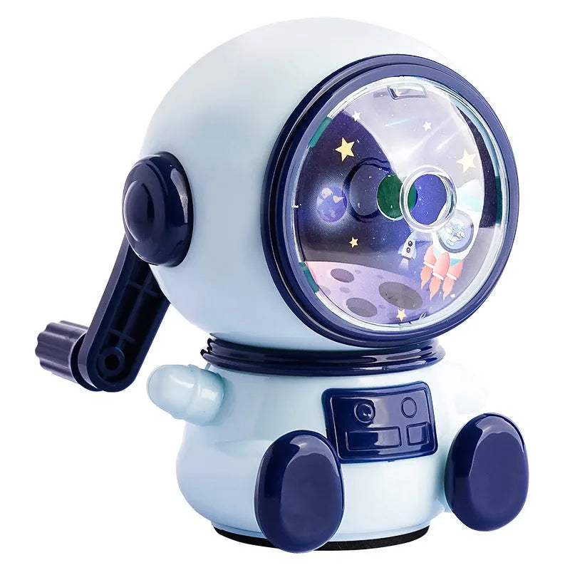 Blue astronaut pencil sharpener with manual operation and anti-jam mechanism