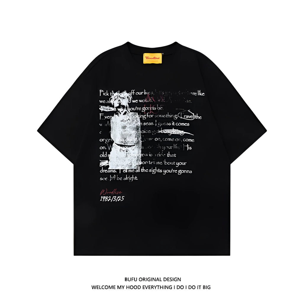 Men's black pure cotton t-shirt with white letter pattern printing and loose retro fit