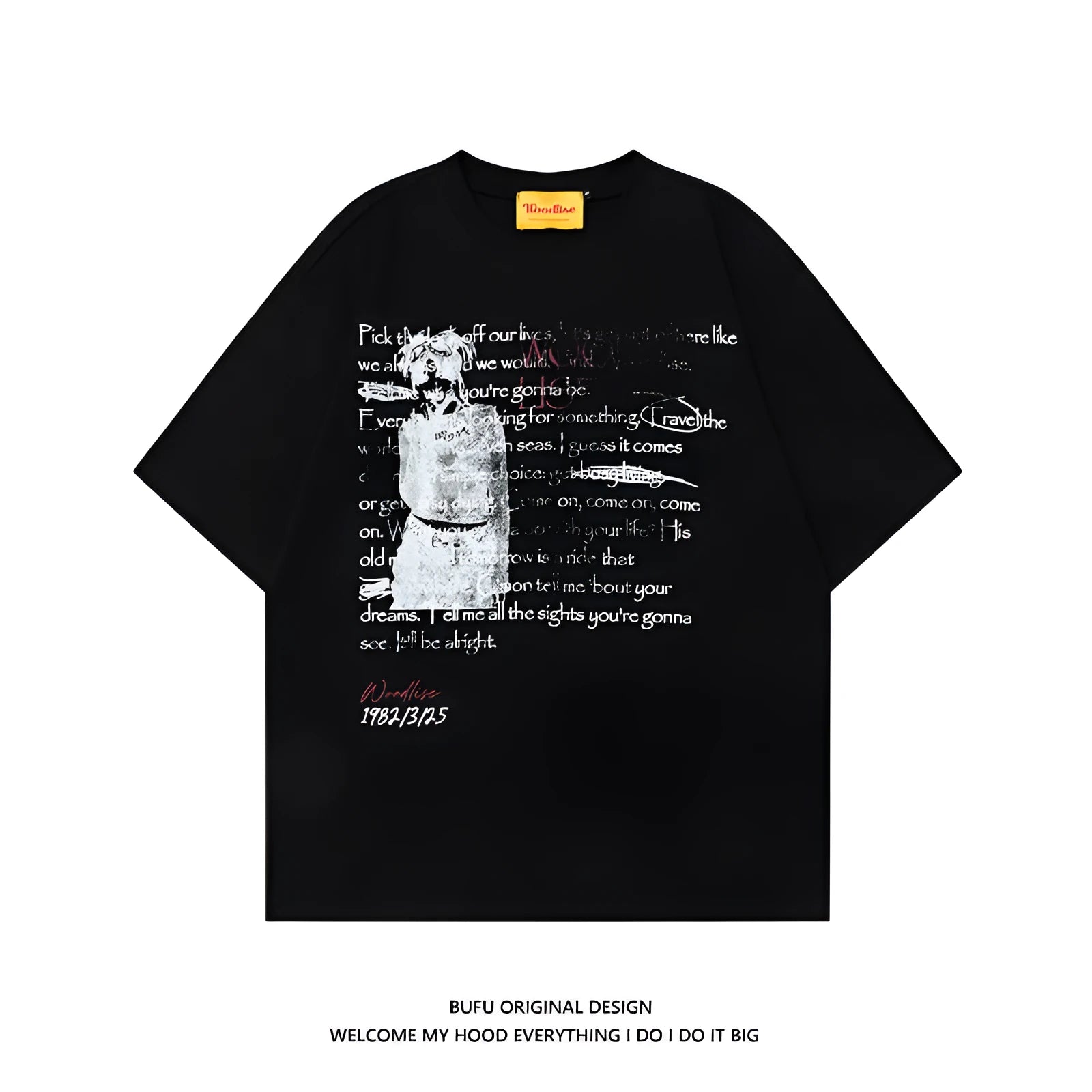 Men's black pure cotton t-shirt with white letter pattern printing and loose retro fit